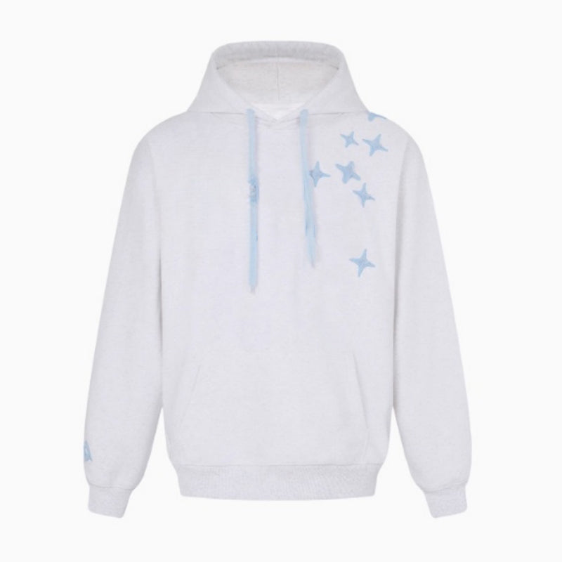 White Loose Hoodie With Blue Star Print